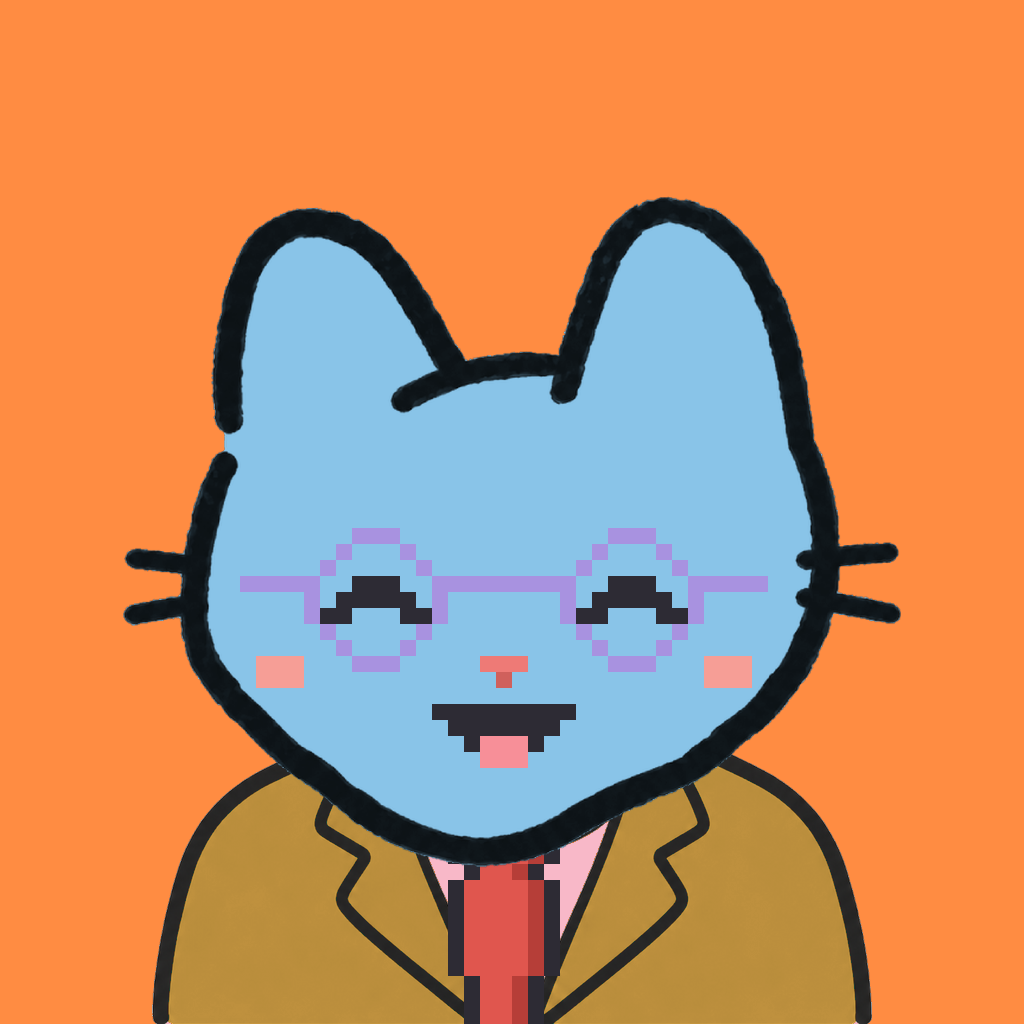 Employee #2461 — a sky cat, in a mustard suit, with a red tie, wearing round-lavender glasses, on tangerine