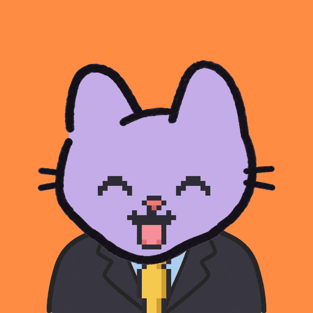 Employee #2462 — a lavender cat, in a black suit, with a gold tie, on tangerine