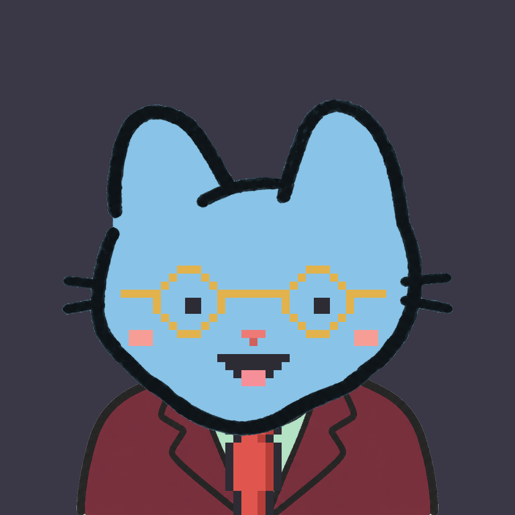Employee #2463 — a sky cat, in a burgundy suit, with a red tie, wearing round-gold glasses, on charcoal