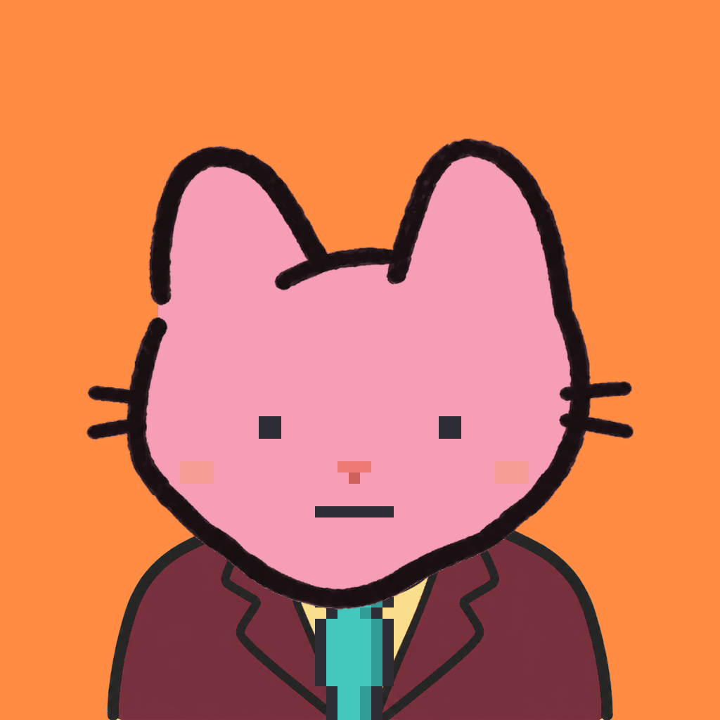 Employee #2464 — a pink cat, in a burgundy suit, with a teal tie, on tangerine