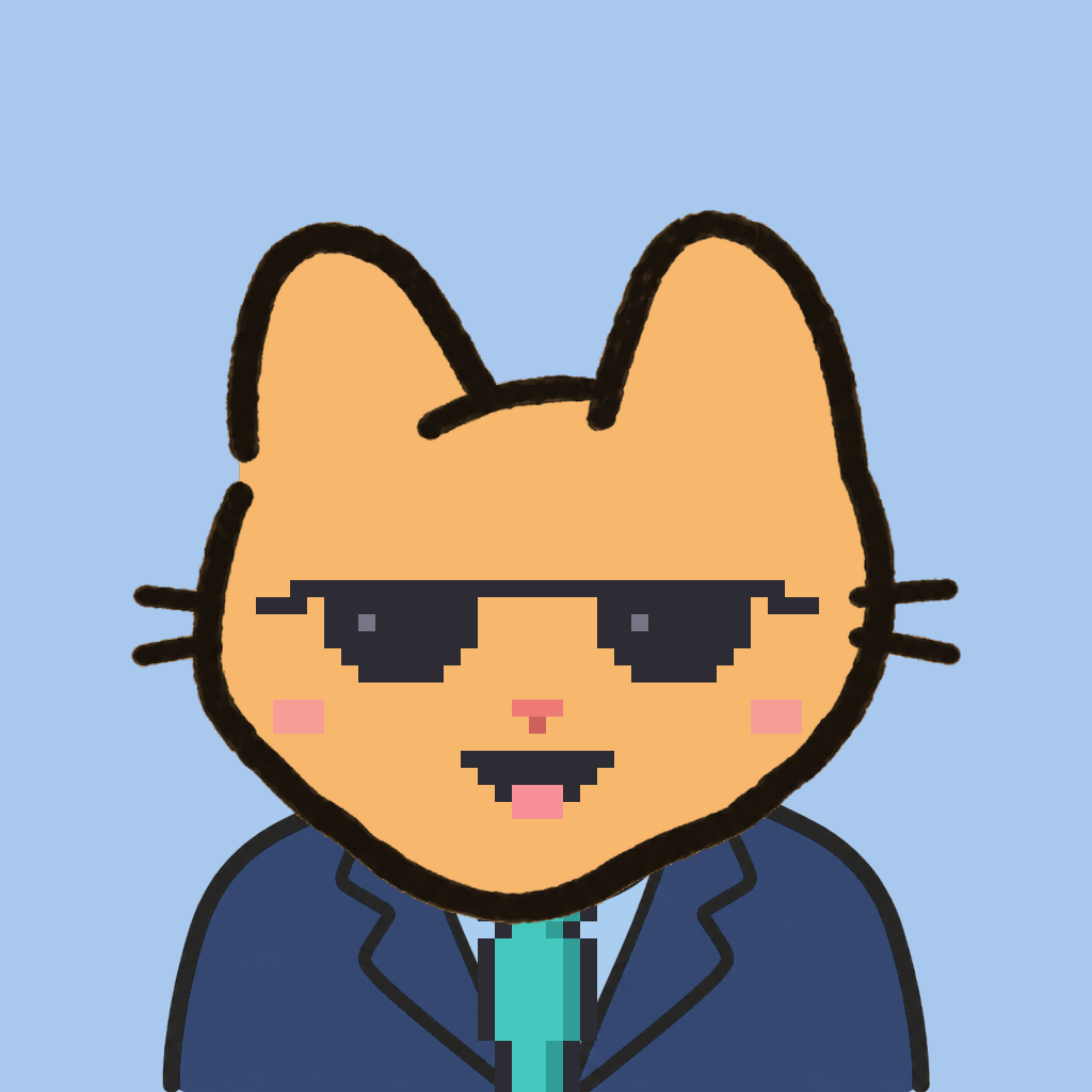 Employee #2465 — a tabby cat, in a navy suit, with a teal tie, wearing shades glasses, on sky