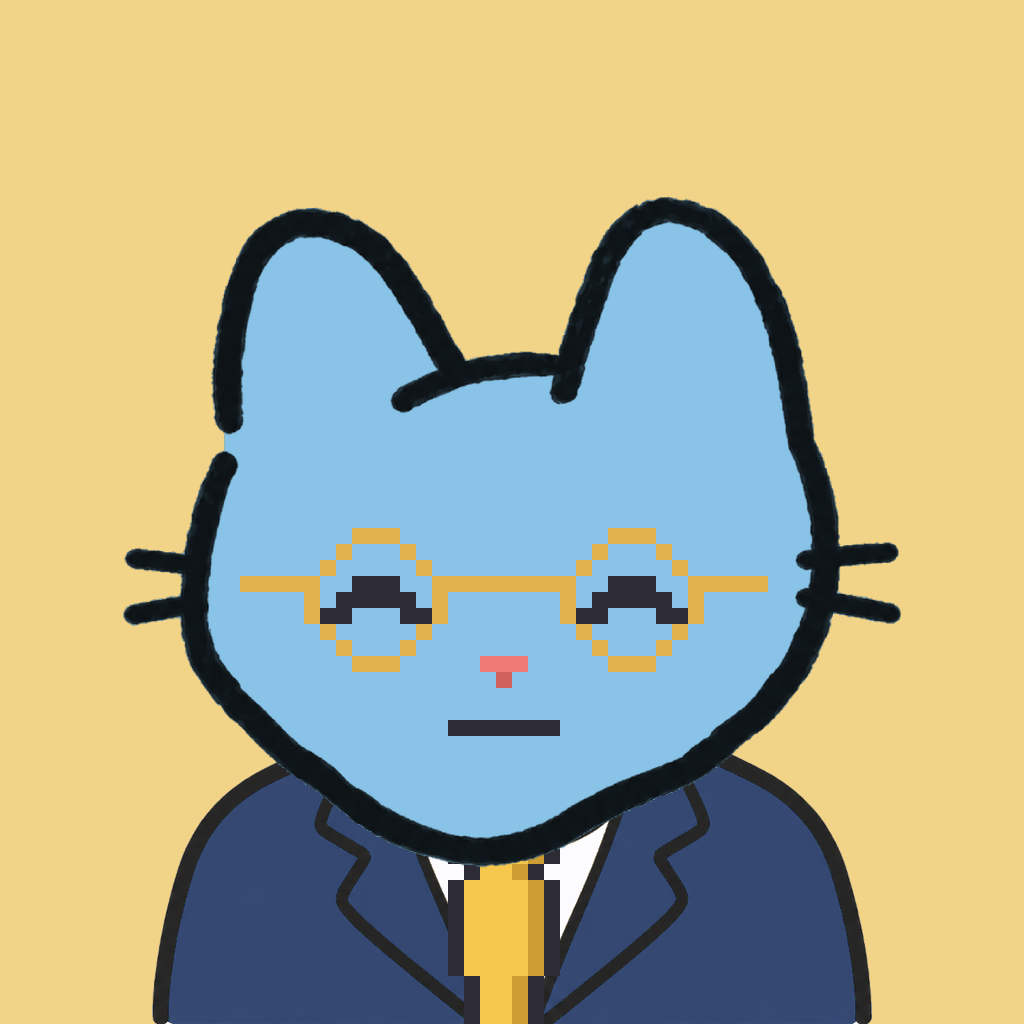 Employee #2466 — a sky cat, in a navy suit, with a gold tie, wearing round-gold glasses, on butter