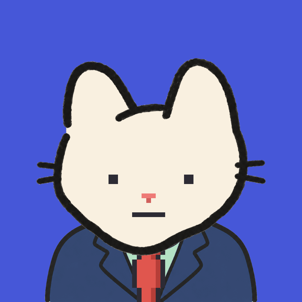 Employee #2467 — a cream cat, in a navy suit, with a red tie, on royal