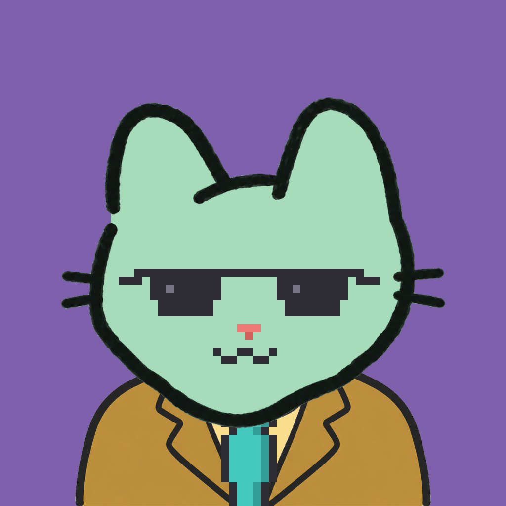 Employee #2468 — a mint cat, in a mustard suit, with a teal tie, wearing shades glasses, on plasma violet