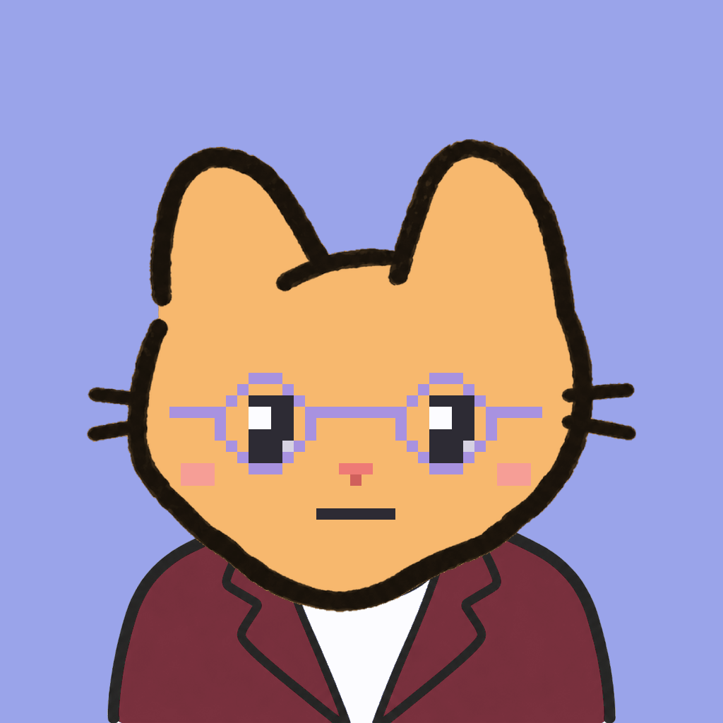 Employee #2469 — a tabby cat, in a burgundy suit, wearing round-lavender glasses, on periwinkle