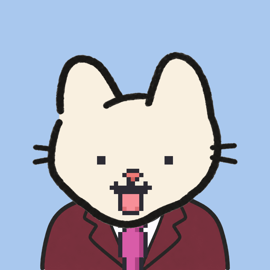 Employee #0247 — a cream cat, in a burgundy suit, with a magenta tie, on sky