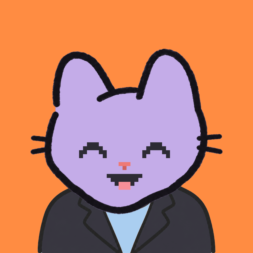 Employee #2470 — a lavender cat, in a black suit, on tangerine