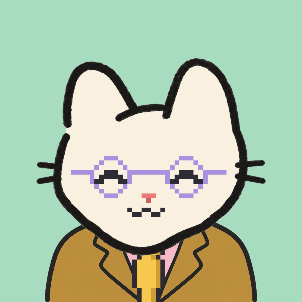 Employee #2471 — a cream cat, in a mustard suit, with a gold tie, wearing round-lavender glasses, on mint