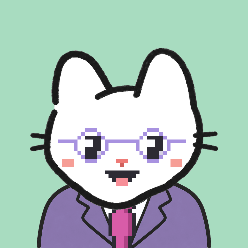 Employee #2472 — a white cat, in a lavender suit, with a magenta tie, wearing round-lavender glasses, on mint