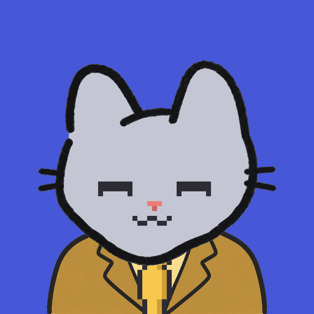 Employee #2473 — a gray cat, in a mustard suit, with a gold tie, on royal