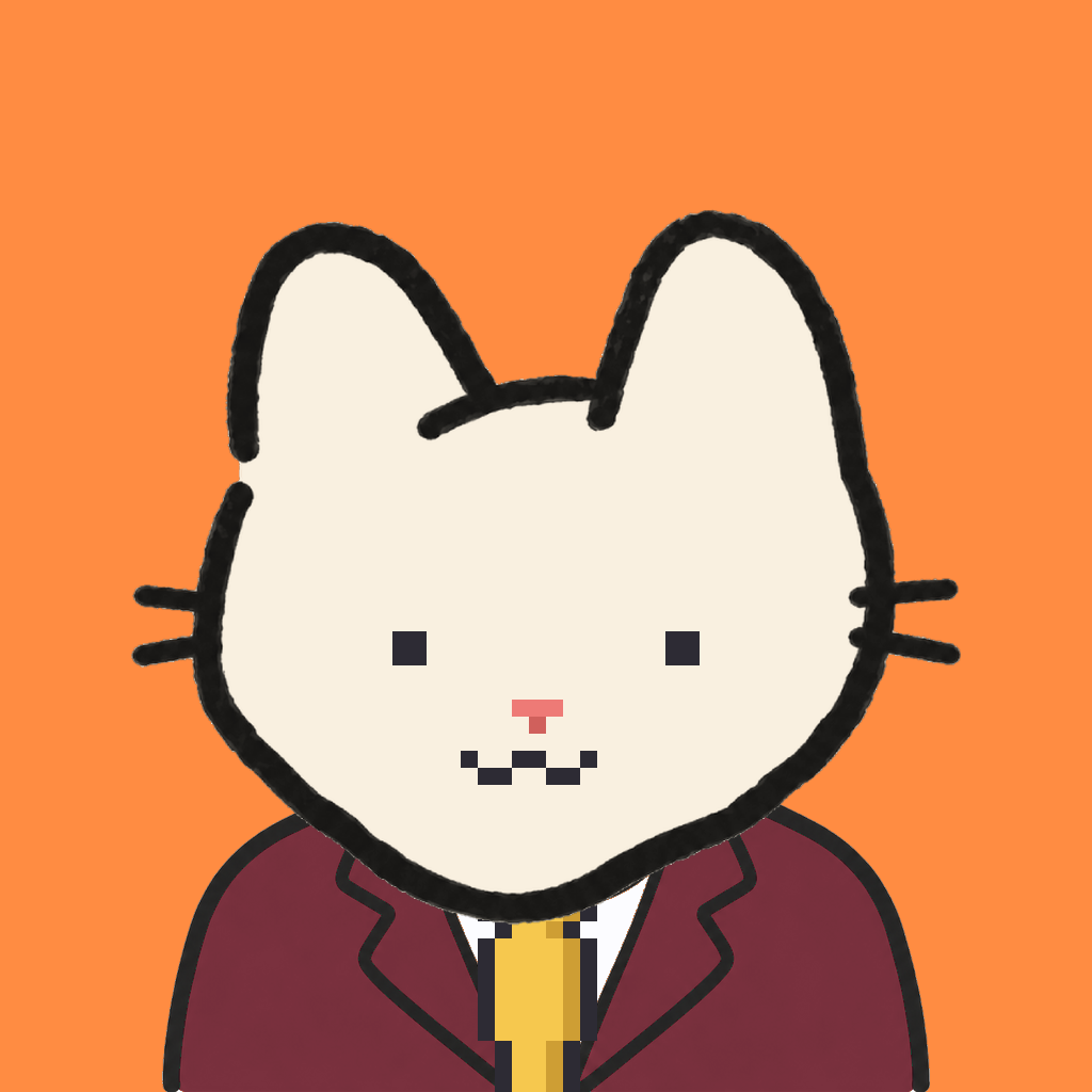 Employee #2474 — a cream cat, in a burgundy suit, with a gold tie, on tangerine