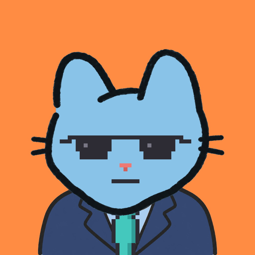 Employee #2475 — a sky cat, in a navy suit, with a teal tie, wearing shades glasses, on tangerine