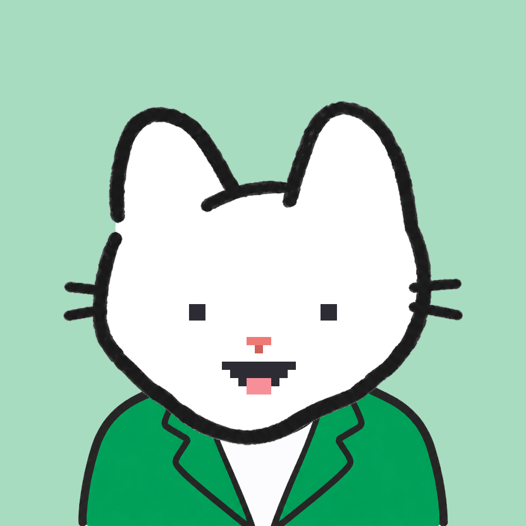 Employee #2476 — a white cat, in a green suit, on mint