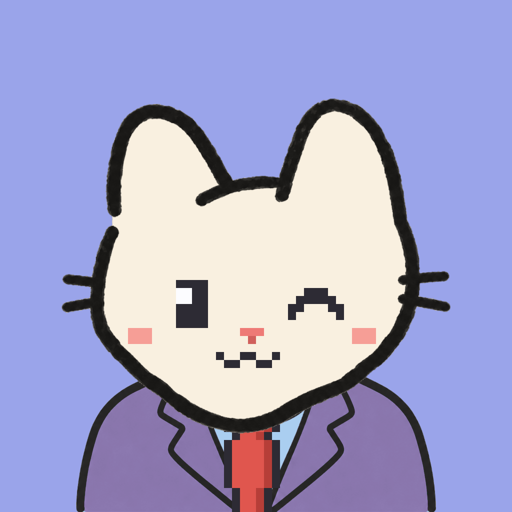 Employee #2478 — a cream cat, in a lavender suit, with a red tie, on periwinkle