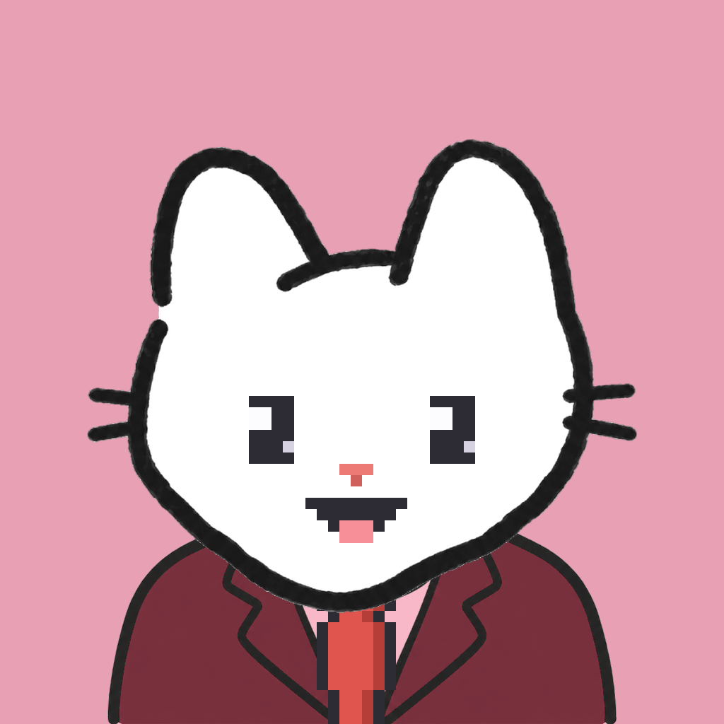 Employee #0248 — a white cat, in a burgundy suit, with a red tie, on rose