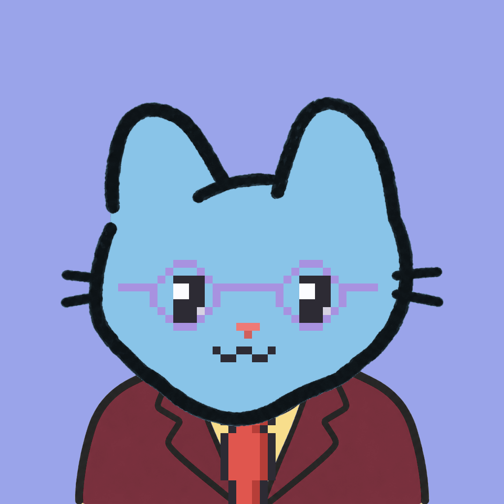 Employee #2480 — a sky cat, in a burgundy suit, with a red tie, wearing round-lavender glasses, on periwinkle