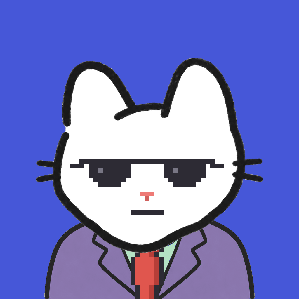 Employee #2481 — a white cat, in a lavender suit, with a red tie, wearing shades glasses, on royal