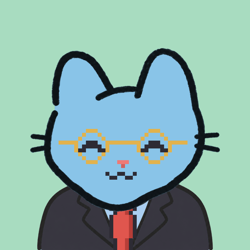 Employee #2483 — a sky cat, in a black suit, with a red tie, wearing round-gold glasses, on mint