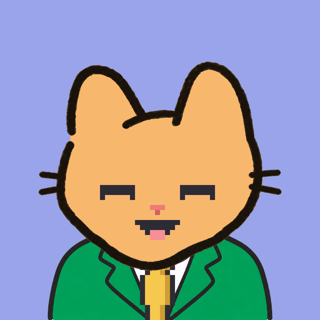 Employee #2484 — a tabby cat, in a green suit, with a gold tie, on periwinkle