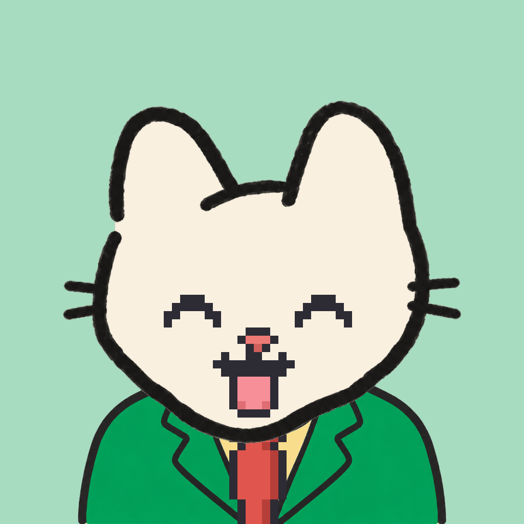 Employee #2485 — a cream cat, in a green suit, with a red tie, on mint