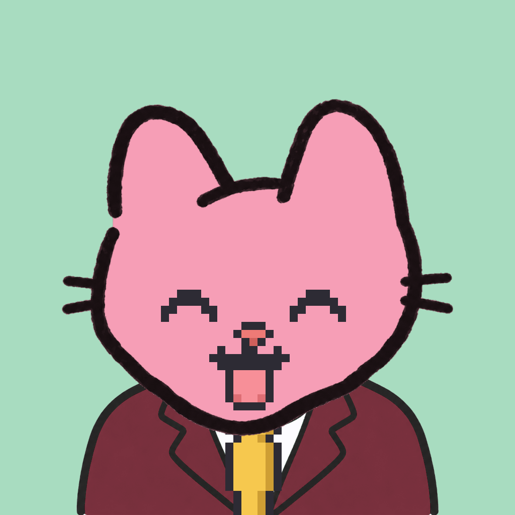 Employee #2486 — a pink cat, in a burgundy suit, with a gold tie, on mint