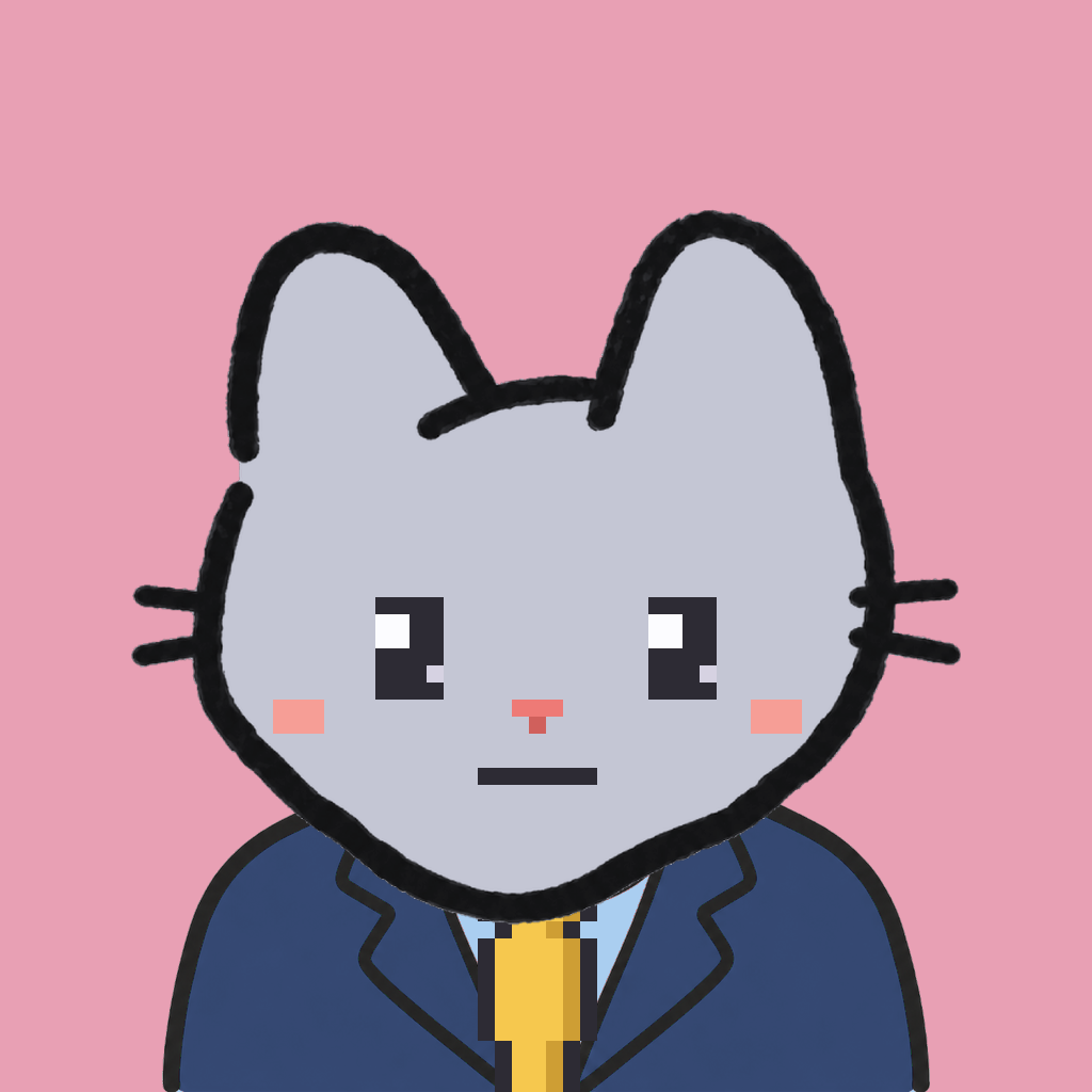 Employee #2487 — a gray cat, in a navy suit, with a gold tie, on rose