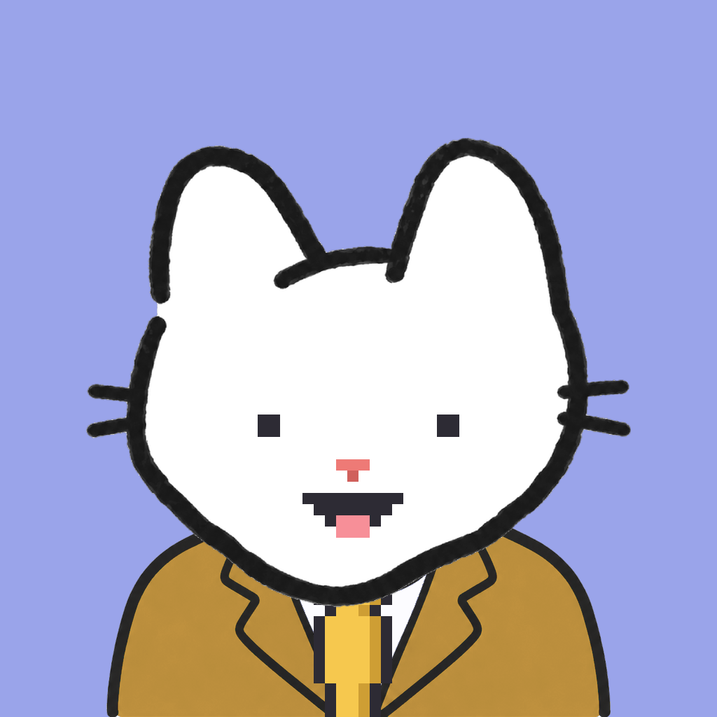 Employee #2488 — a white cat, in a mustard suit, with a gold tie, on periwinkle