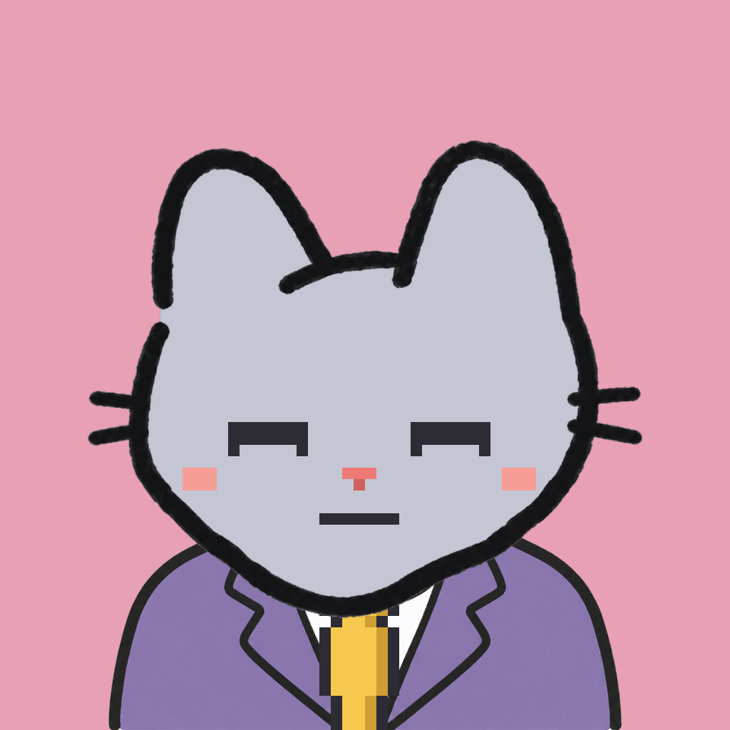 Employee #2489 — a gray cat, in a lavender suit, with a gold tie, on rose