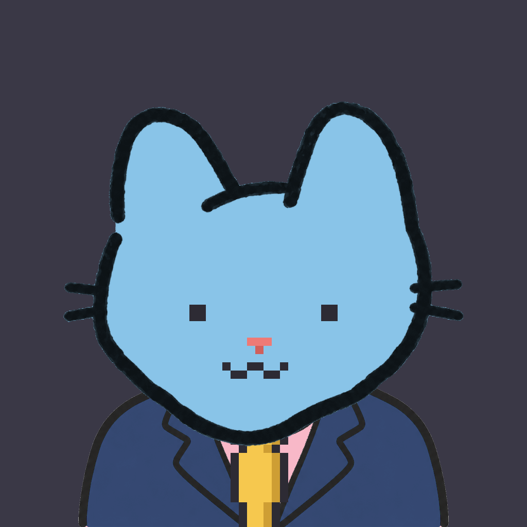Employee #0249 — a sky cat, in a navy suit, with a gold tie, on charcoal