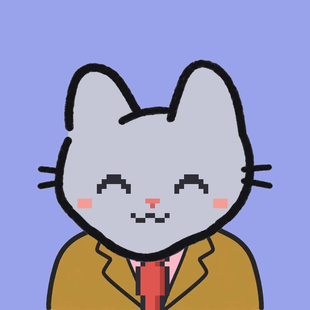 Employee #2490 — a gray cat, in a mustard suit, with a red tie, on periwinkle