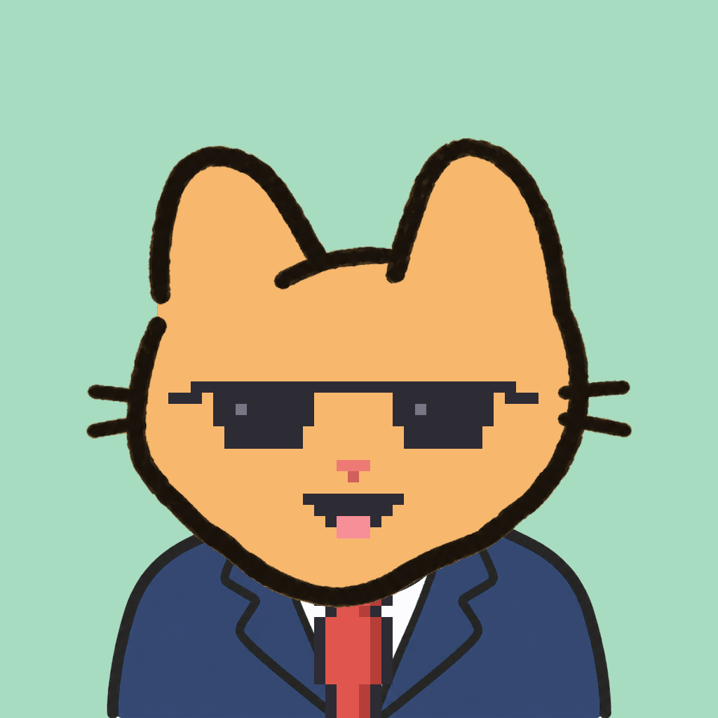 Employee #2491 — a tabby cat, in a navy suit, with a red tie, wearing shades glasses, on mint