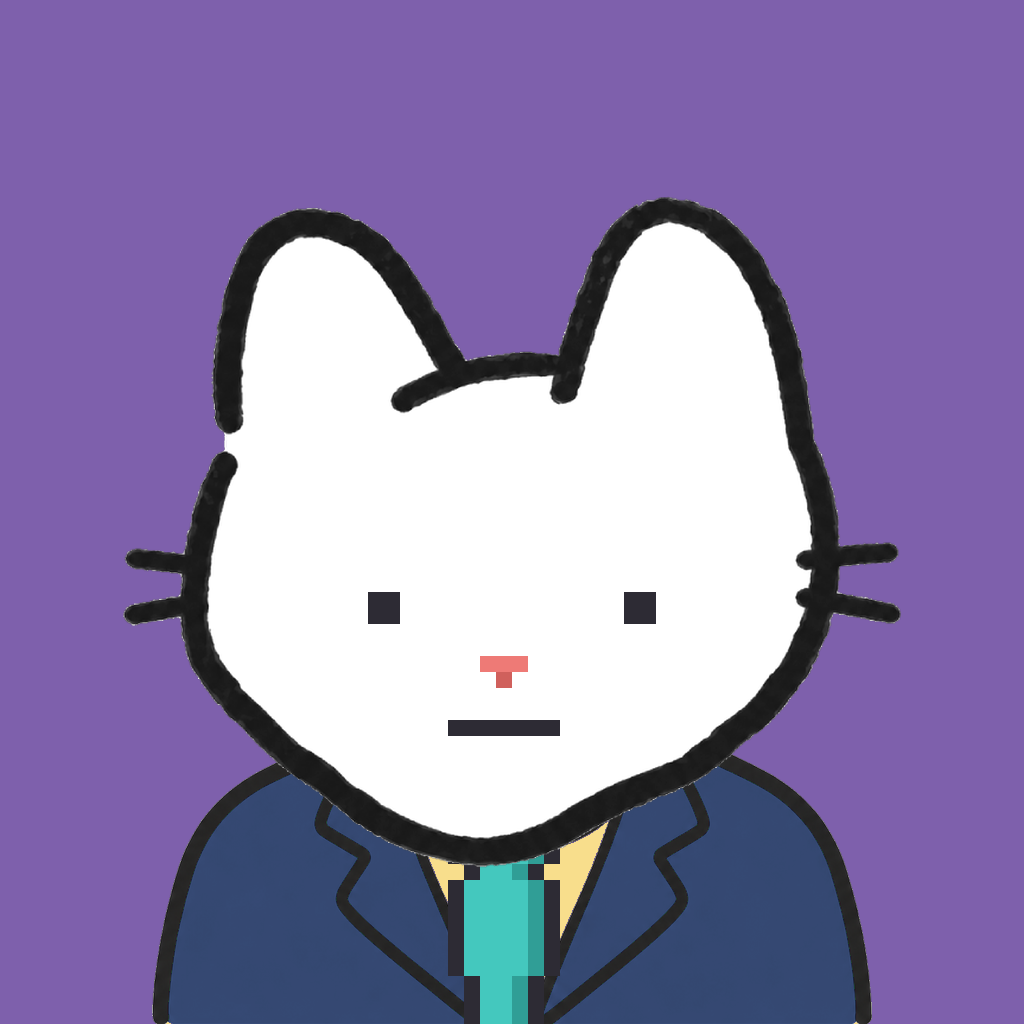 Employee #2492 — a white cat, in a navy suit, with a teal tie, on plasma violet