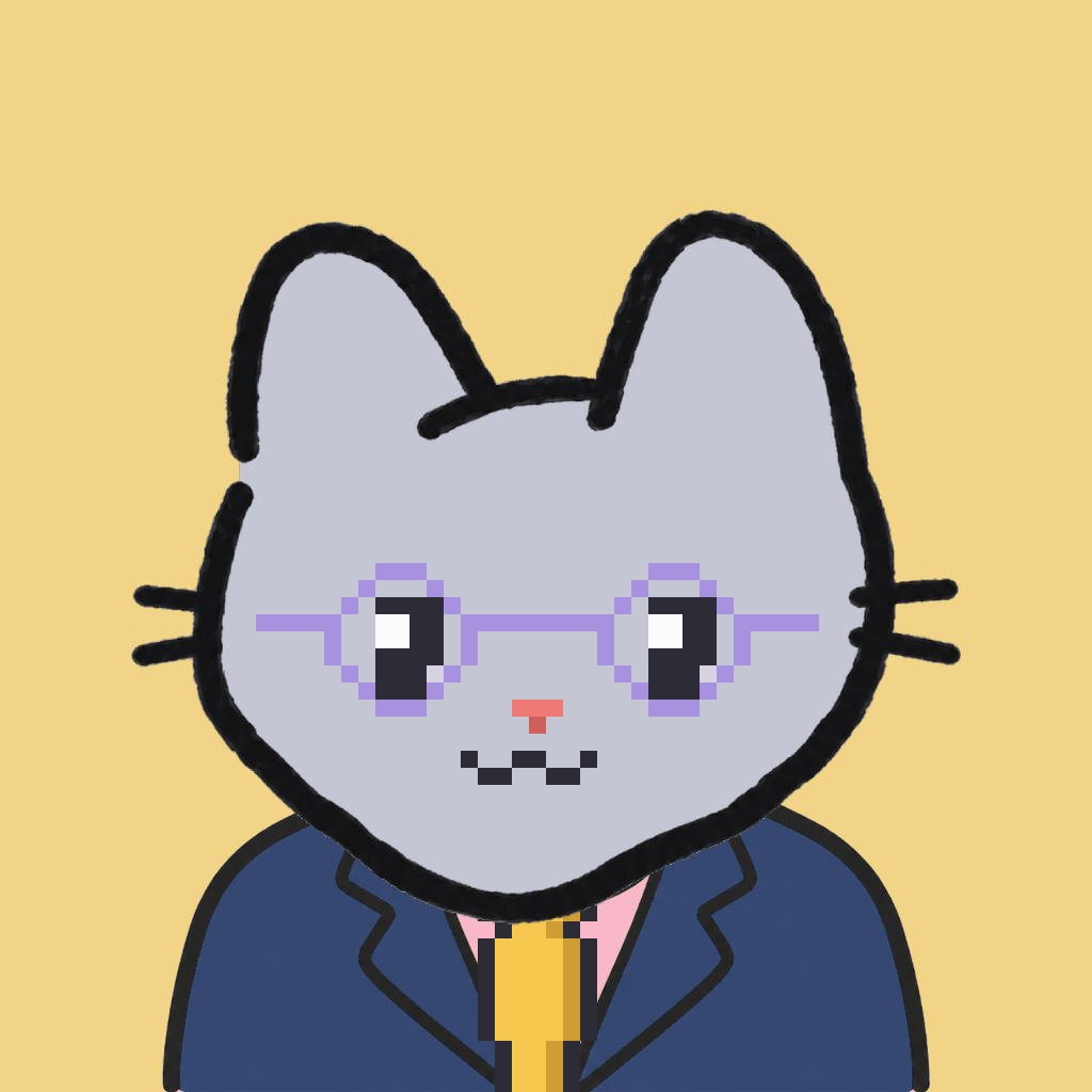 Employee #2493 — a gray cat, in a navy suit, with a gold tie, wearing round-lavender glasses, on butter
