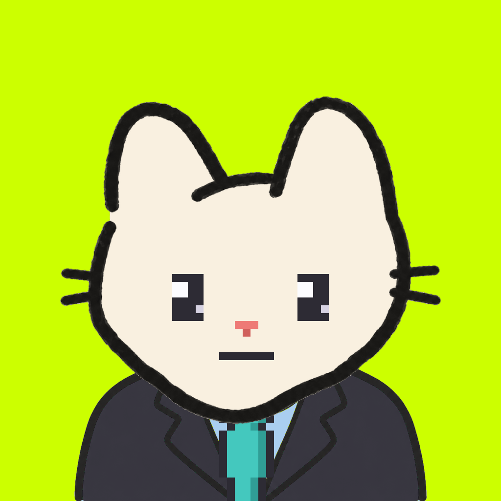 Employee #2494 — a cream cat, in a black suit, with a teal tie, on volt
