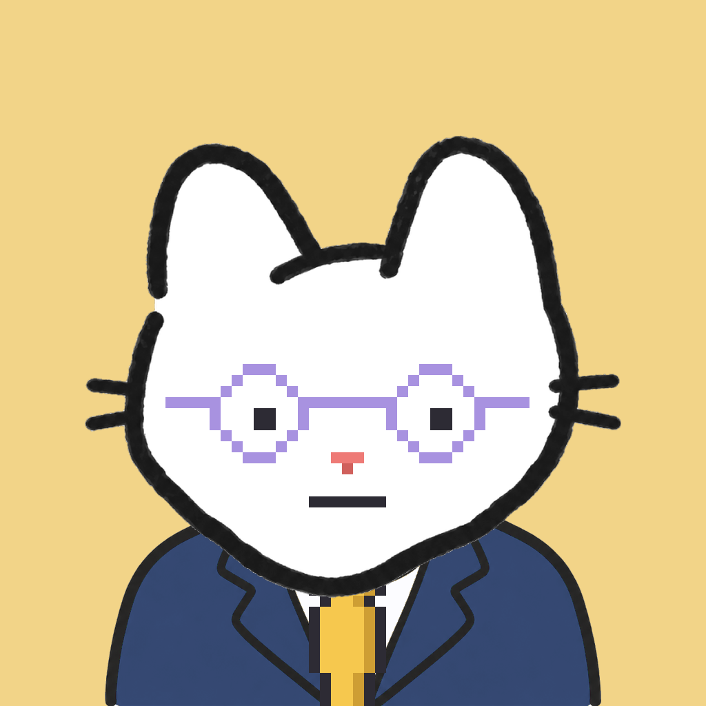 Employee #2495 — a white cat, in a navy suit, with a gold tie, wearing round-lavender glasses, on butter