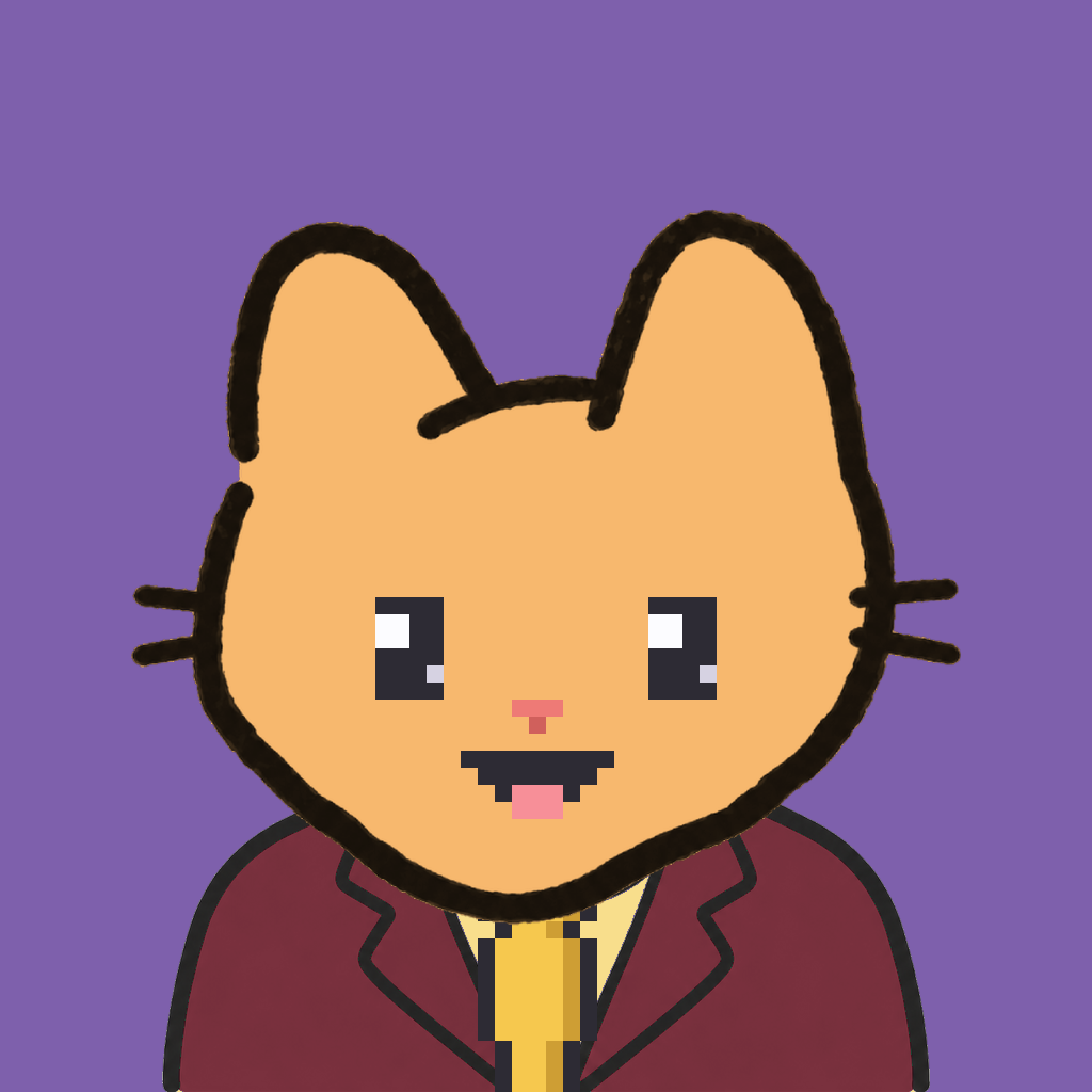 Employee #2496 — a tabby cat, in a burgundy suit, with a gold tie, on plasma violet
