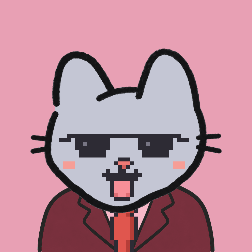 Employee #2497 — a gray cat, in a burgundy suit, with a red tie, wearing shades glasses, on rose