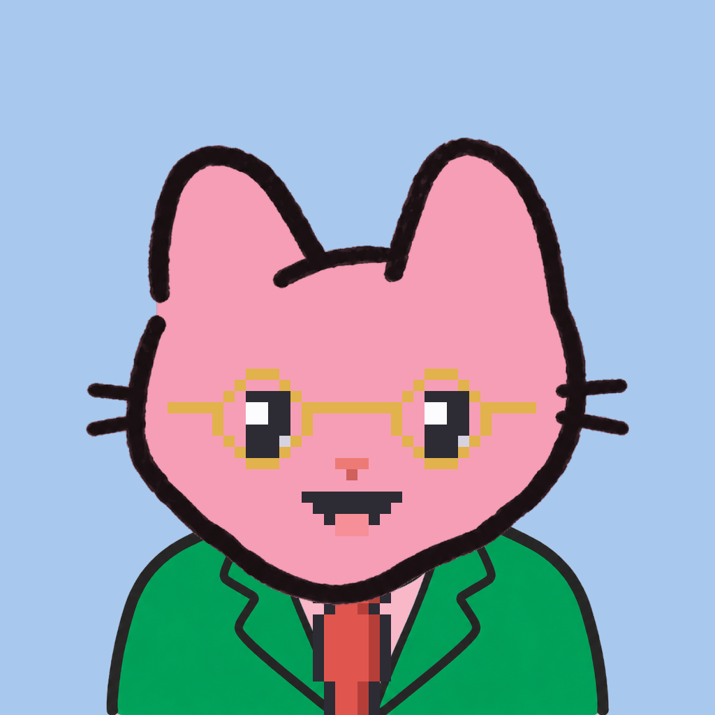 Employee #2498 — a pink cat, in a green suit, with a red tie, wearing round-gold glasses, on sky