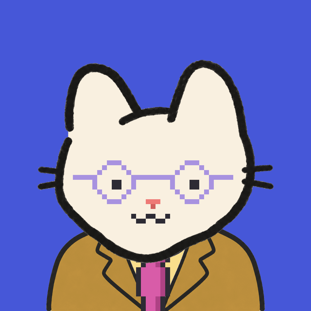 Employee #2499 — a cream cat, in a mustard suit, with a magenta tie, wearing round-lavender glasses, on royal