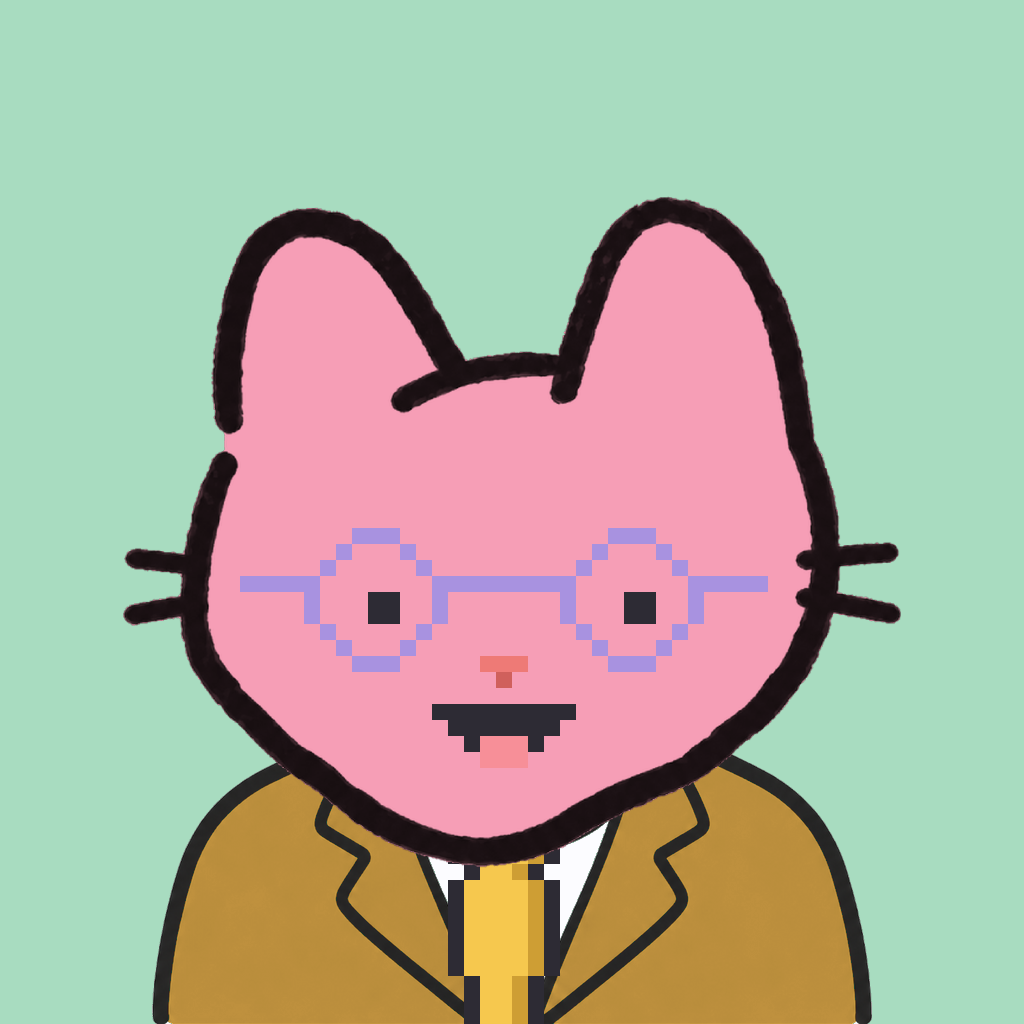 Employee #0250 — a pink cat, in a mustard suit, with a gold tie, wearing round-lavender glasses, on mint