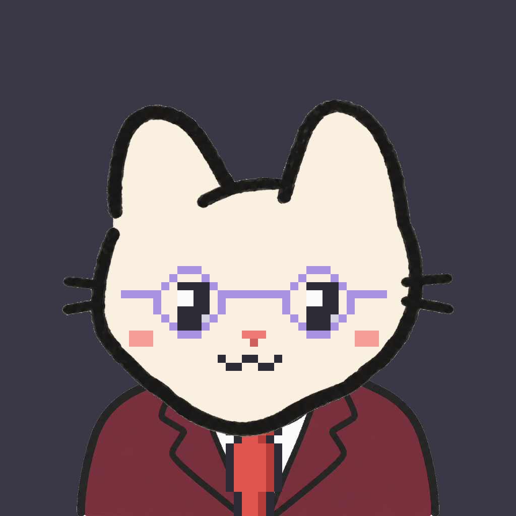 Employee #2500 — a cream cat, in a burgundy suit, with a red tie, wearing round-lavender glasses, on charcoal