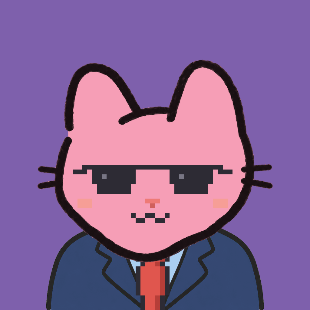 Employee #2501 — a pink cat, in a navy suit, with a red tie, wearing shades glasses, on plasma violet