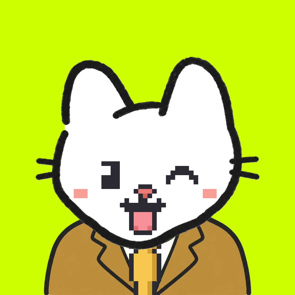 Employee #2502 — a white cat, in a mustard suit, with a gold tie, on volt