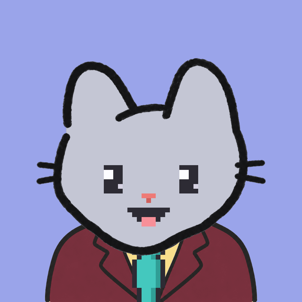 Employee #2503 — a gray cat, in a burgundy suit, with a teal tie, on periwinkle
