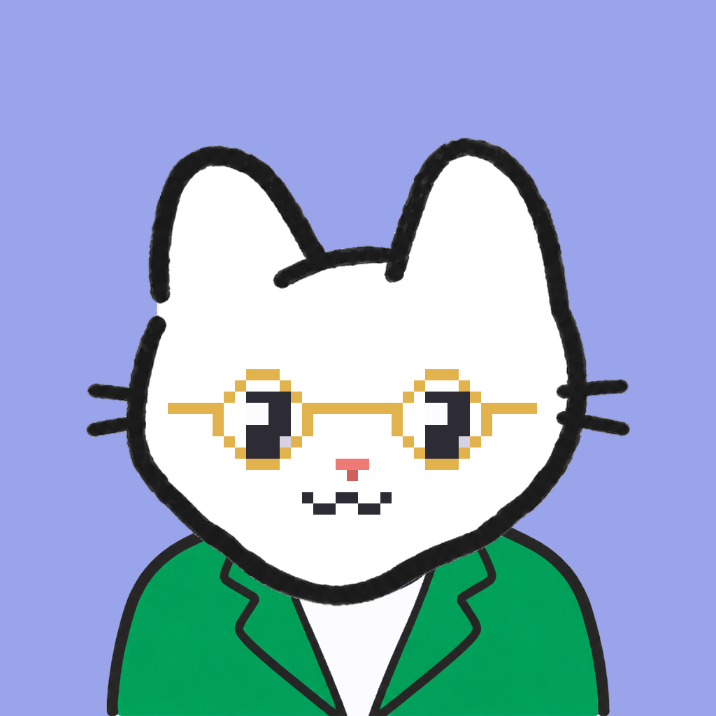 Employee #2504 — a white cat, in a green suit, wearing round-gold glasses, on periwinkle