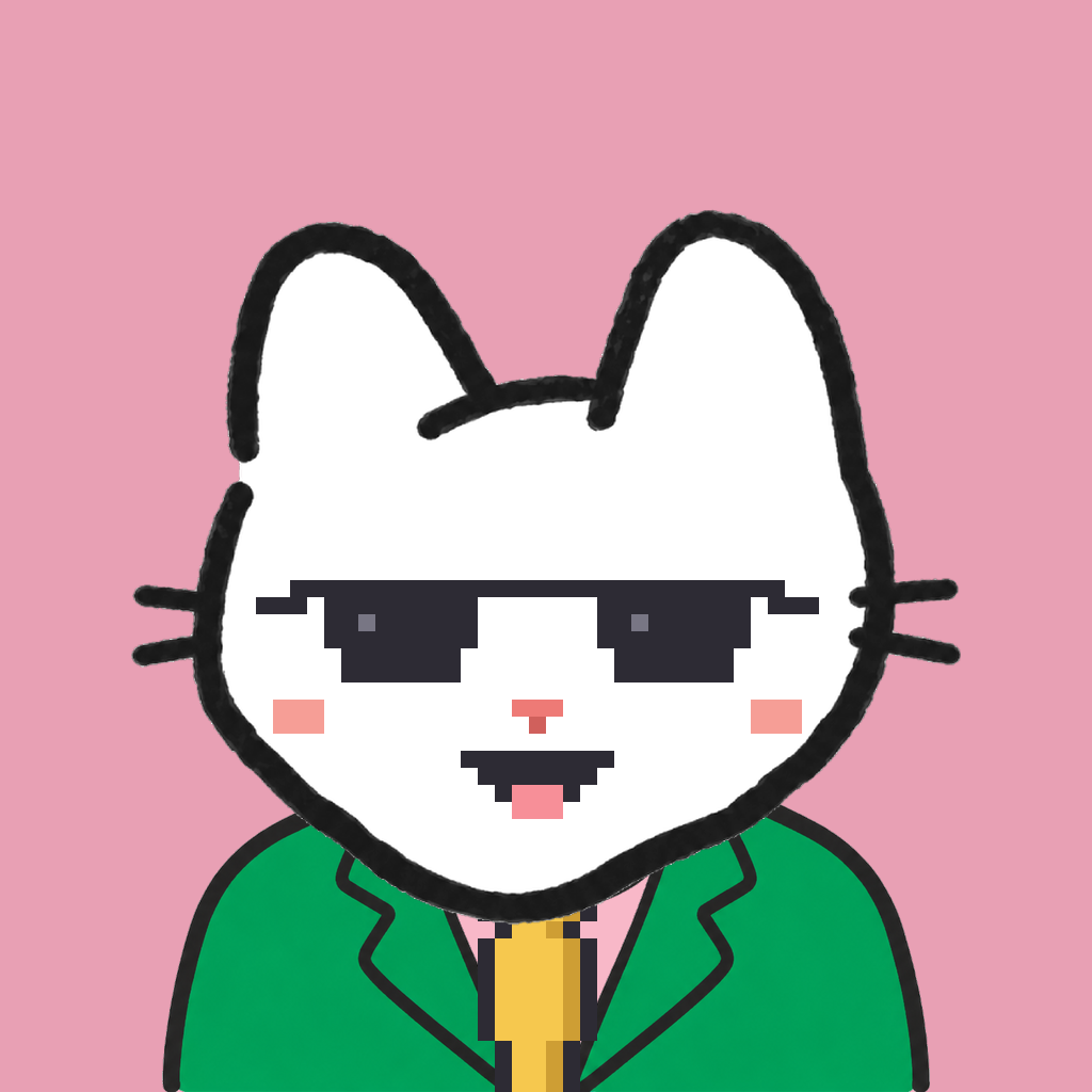 Employee #2505 — a white cat, in a green suit, with a gold tie, wearing shades glasses, on rose