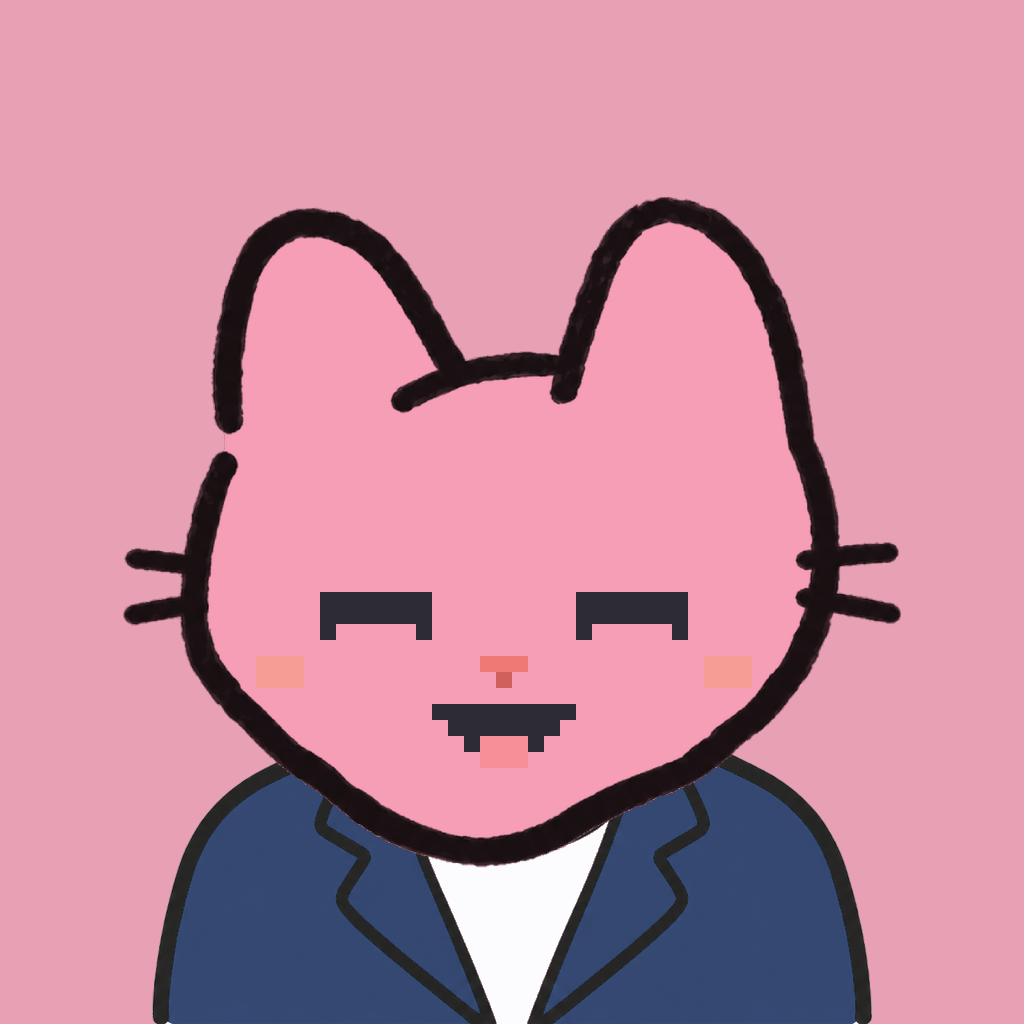 Employee #2506 — a pink cat, in a navy suit, on rose