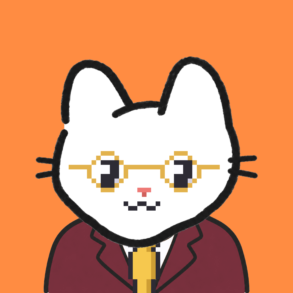 Employee #2507 — a white cat, in a burgundy suit, with a gold tie, wearing round-gold glasses, on tangerine