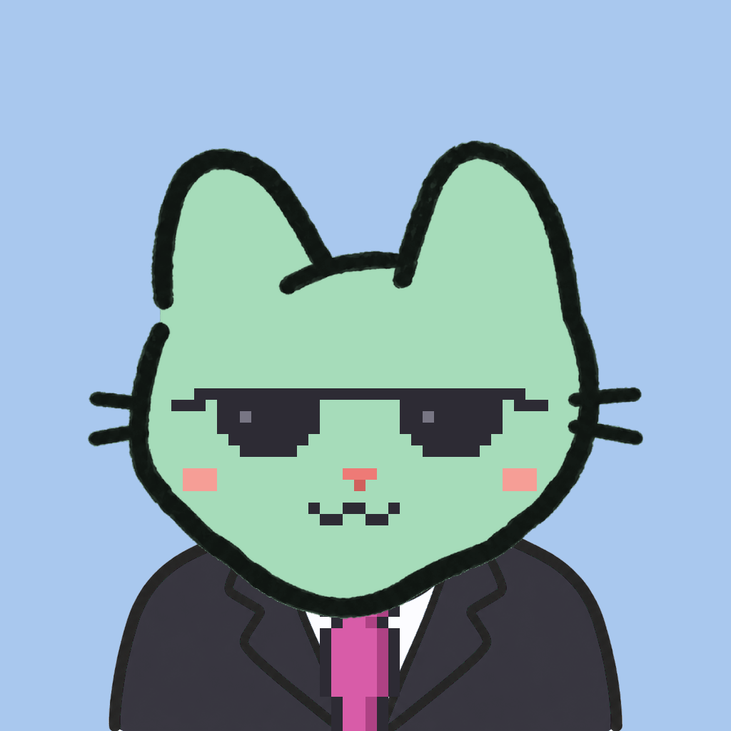 Employee #2509 — a mint cat, in a black suit, with a magenta tie, wearing shades glasses, on sky