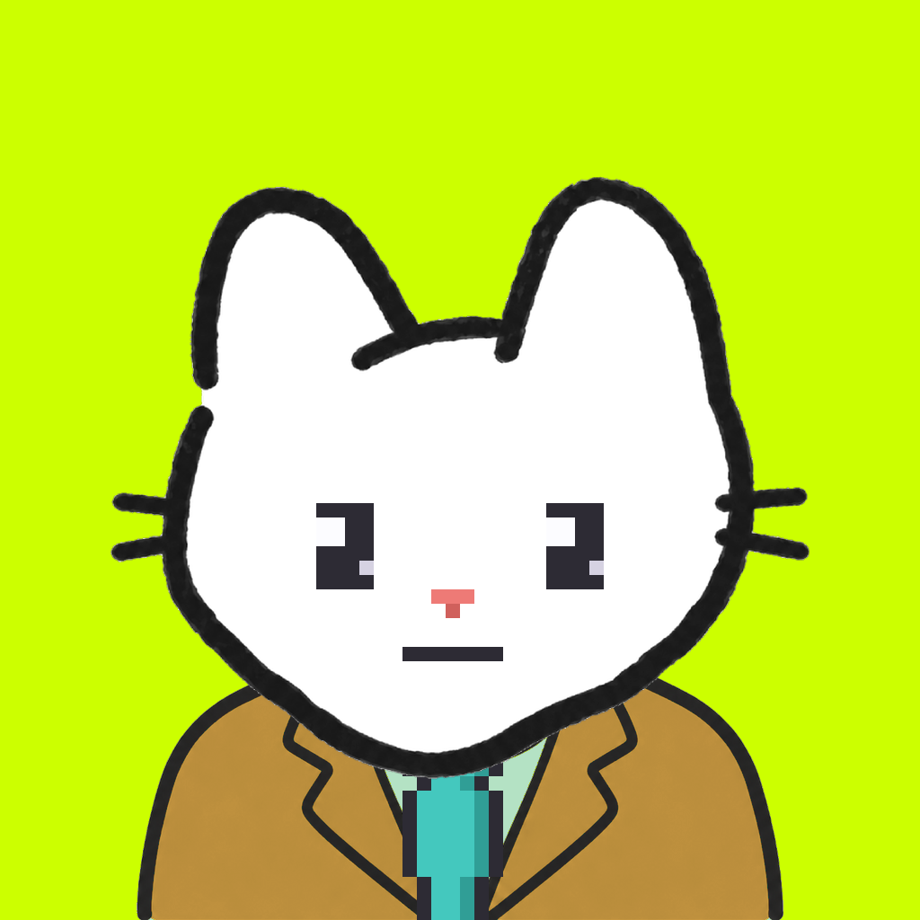 Employee #0251 — a white cat, in a mustard suit, with a teal tie, on volt